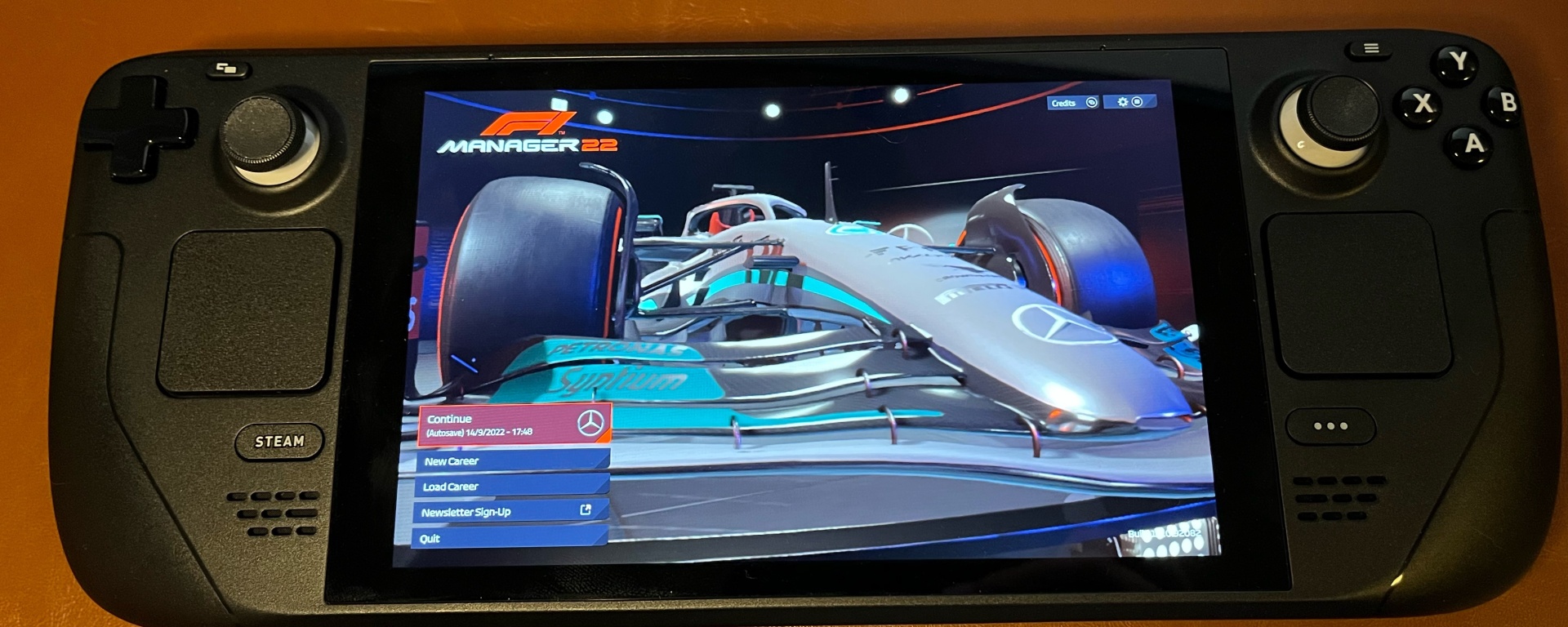 F1 Manager 22 start screen on the Steam Deck